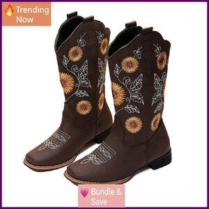 Women's Mid Calf Cowboy Boots Square Toe Low Heel Stitched Embroidery